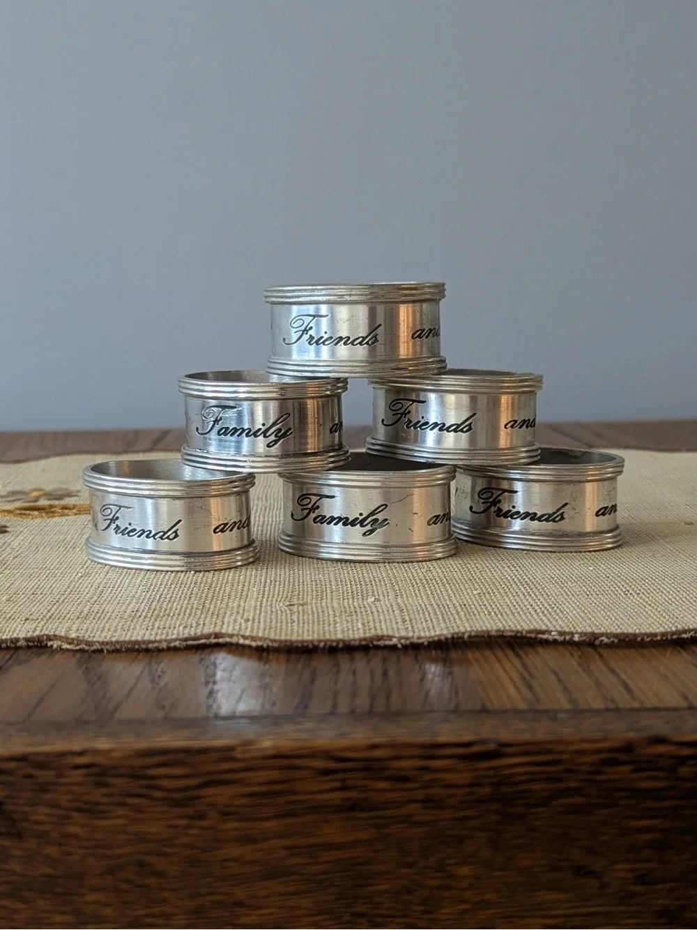 Pottery Barn Friends and Family Antiqued Silver Tone Oval Napkin Rings Set of 6